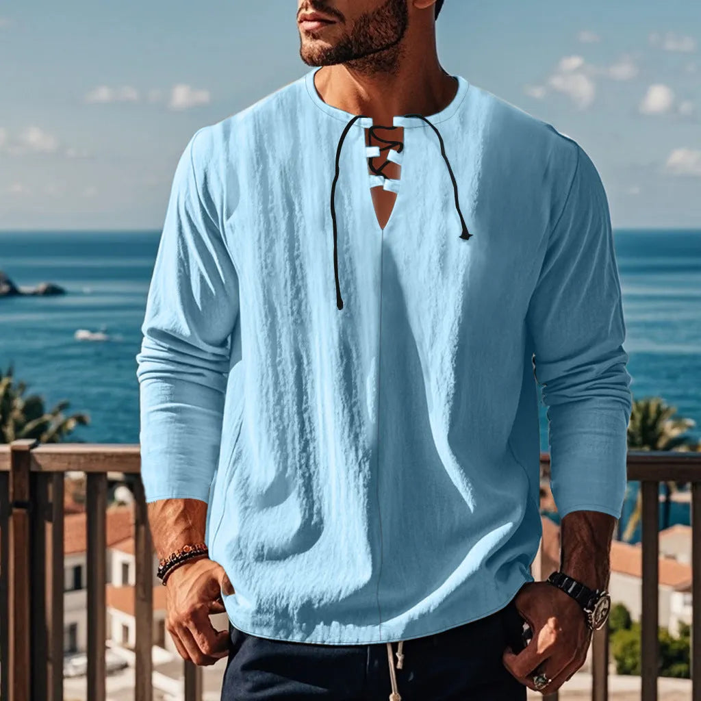 Men's solid colour cotton linen beach ruff pullover shirt in loose fit