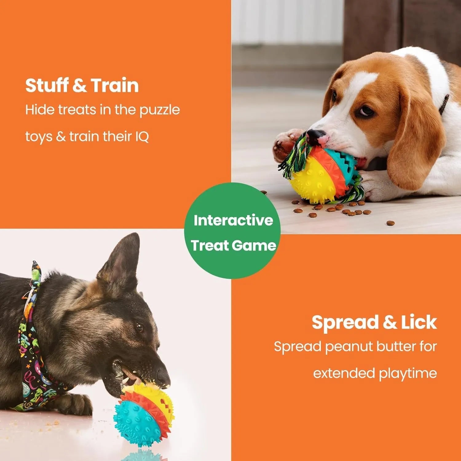 Blue and red ball-shaped dog chew toy with dental bumps and treat dispenser hole