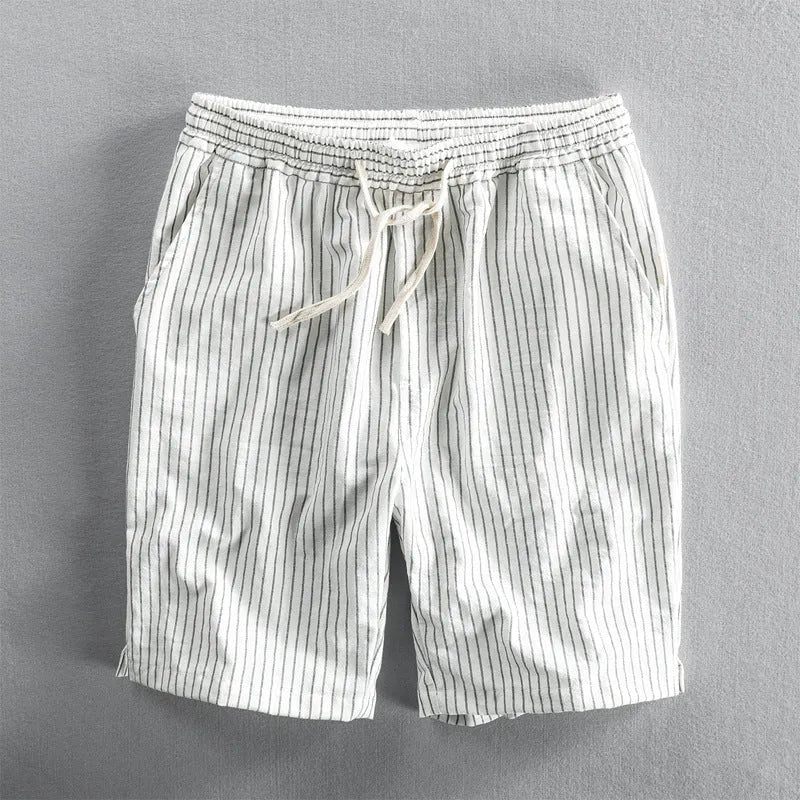 Men's striped casual cotton shorts with an elastic waistband shown in multiple colour options.