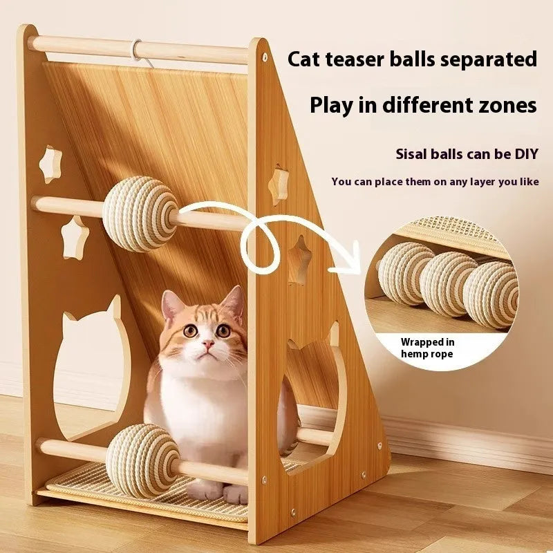 Vertical wall-mount cat scratch board with sisal fabric, hemp rope, and integrated teasing ball