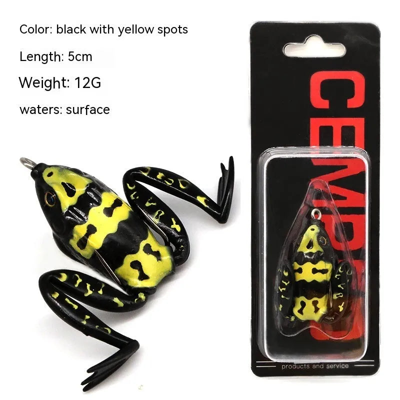Double hook frog fishing bait showing bionic thunder frog design with grass green colour and black yellow dots