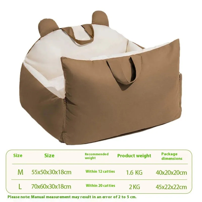 Removable washable dog car kennel in beige colour, shown in a vehicle boot with size dimensions labelled.