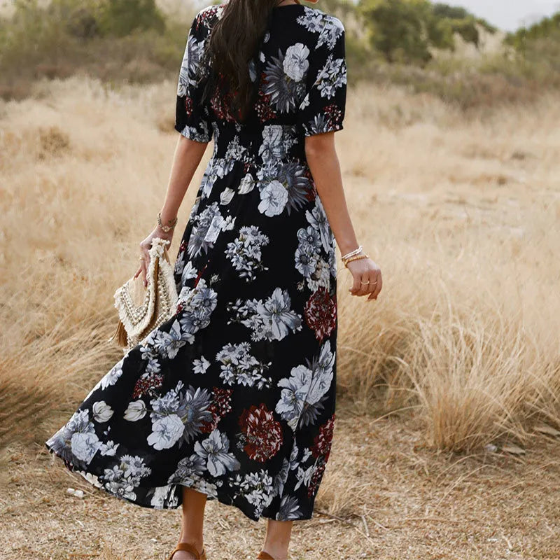 Women's floral print V-neck dress with elastic high waist and short sleeves in yellow
