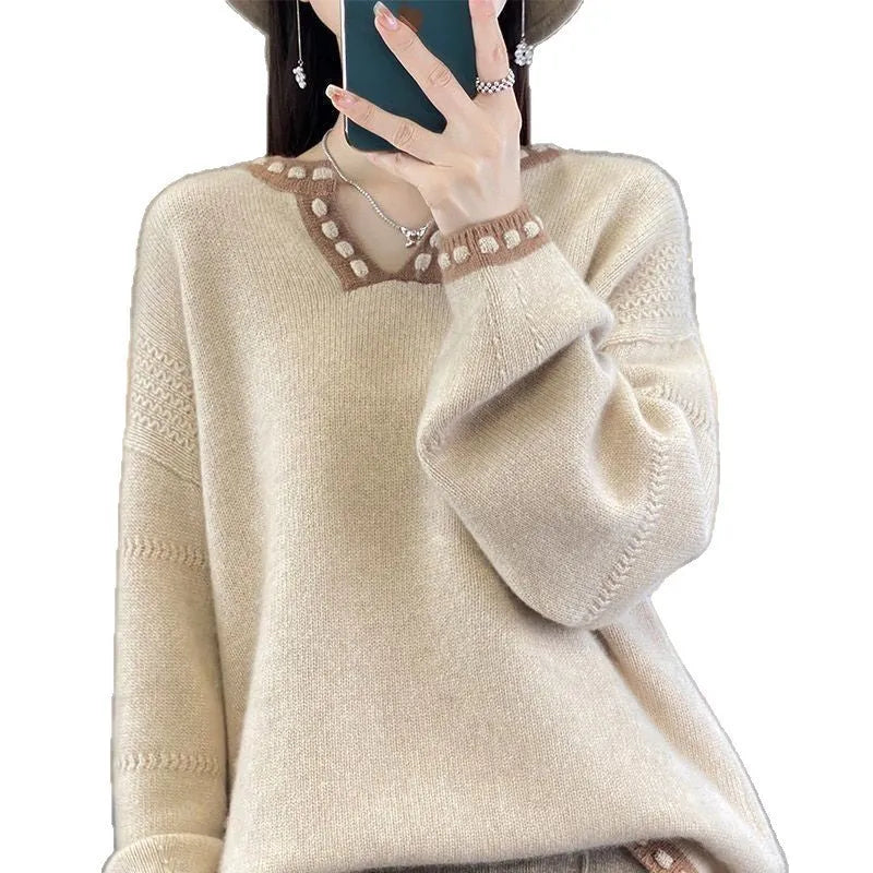Women's v-neck viscose fibre sweater in camel colour with regular long sleeves