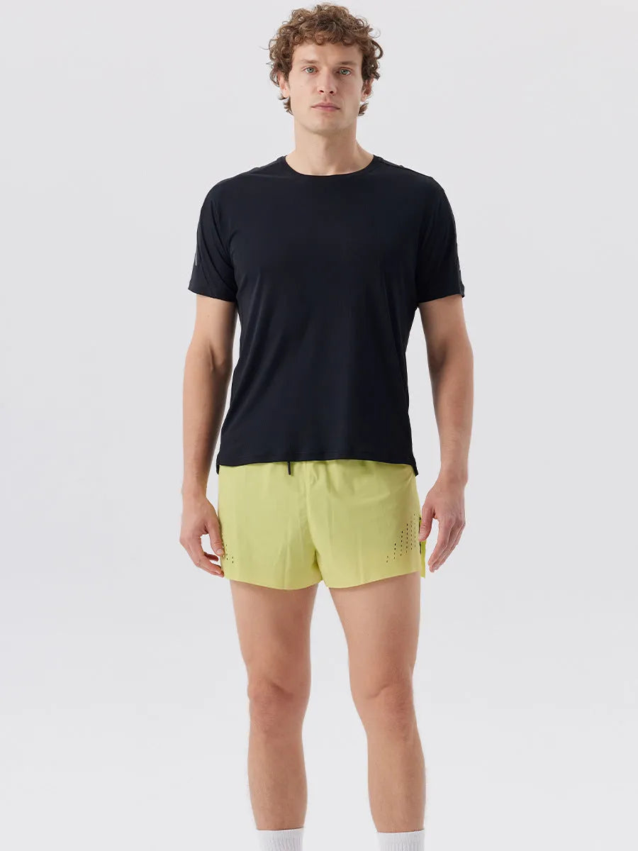 Men's summer sports shorts with side-slit design made from nylon fabric in black colour
