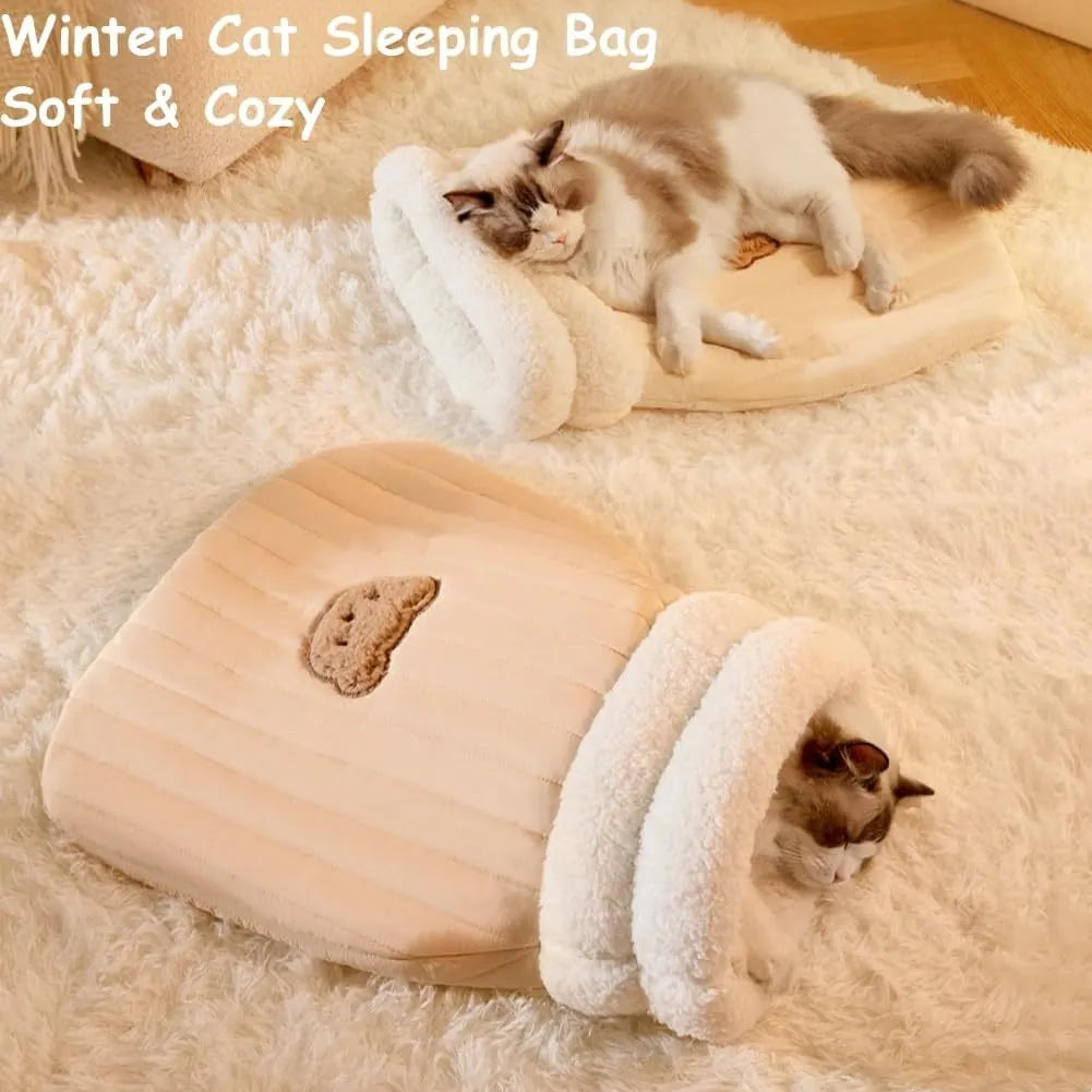 Cat sleeping bag in blue plush fabric with semi-enclosed tunnel design for indoor cats