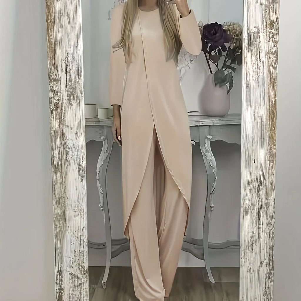 A loose-fitting long sleeve two-piece lounge set in polyester, shown in black, blue, and khaki colour options.