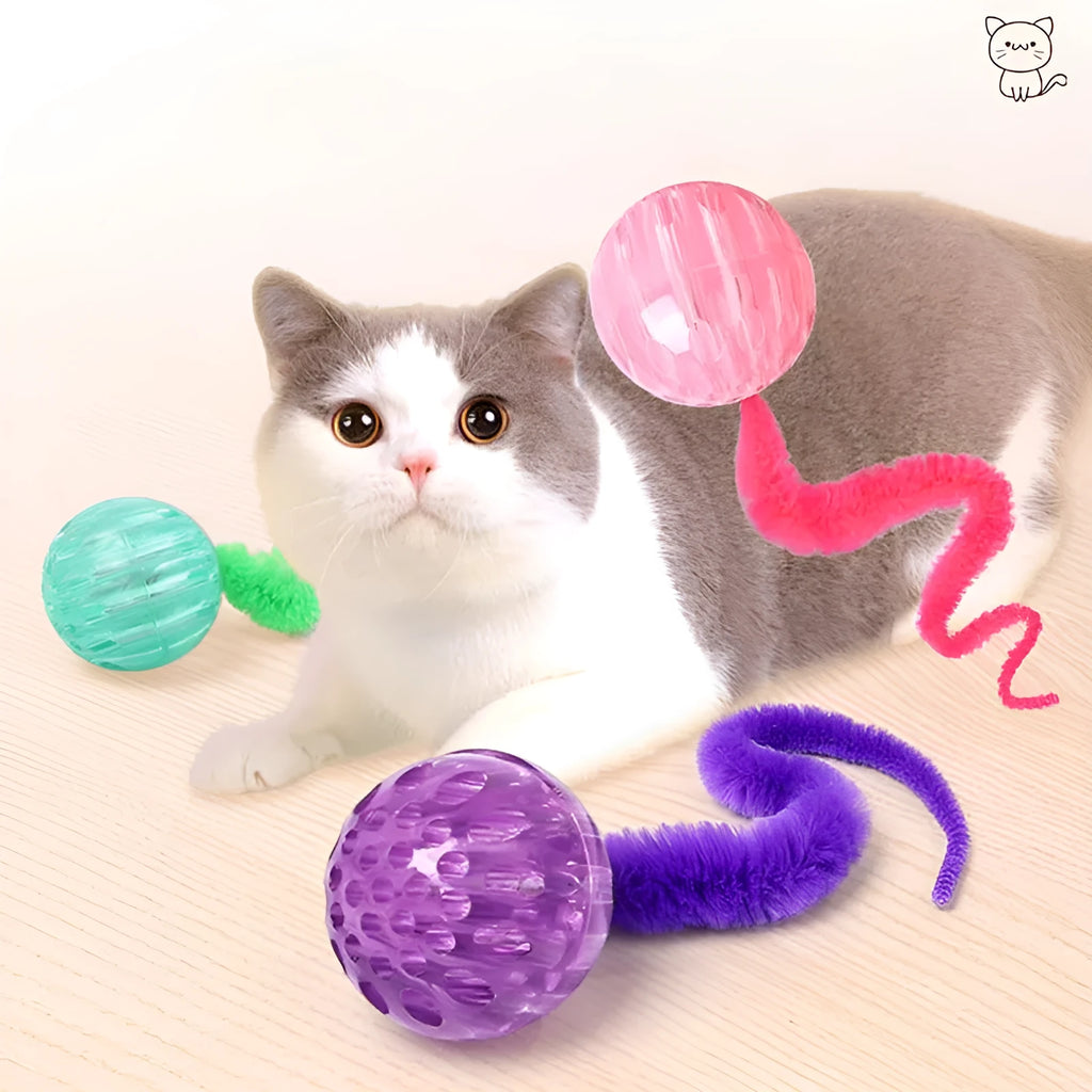 Interactive cat ball toy with TPR bouncy ball and plush tail in green colour