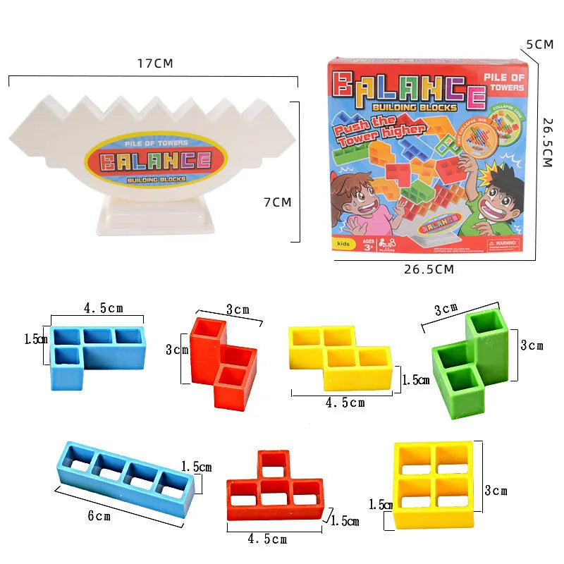 Plastic balance stacking board game with colourful blocks, chassis and base for kids and adults
