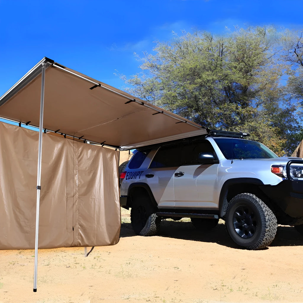 Single layer rainproof camping tent with aluminium poles shown in a size option, with optional side fabric.