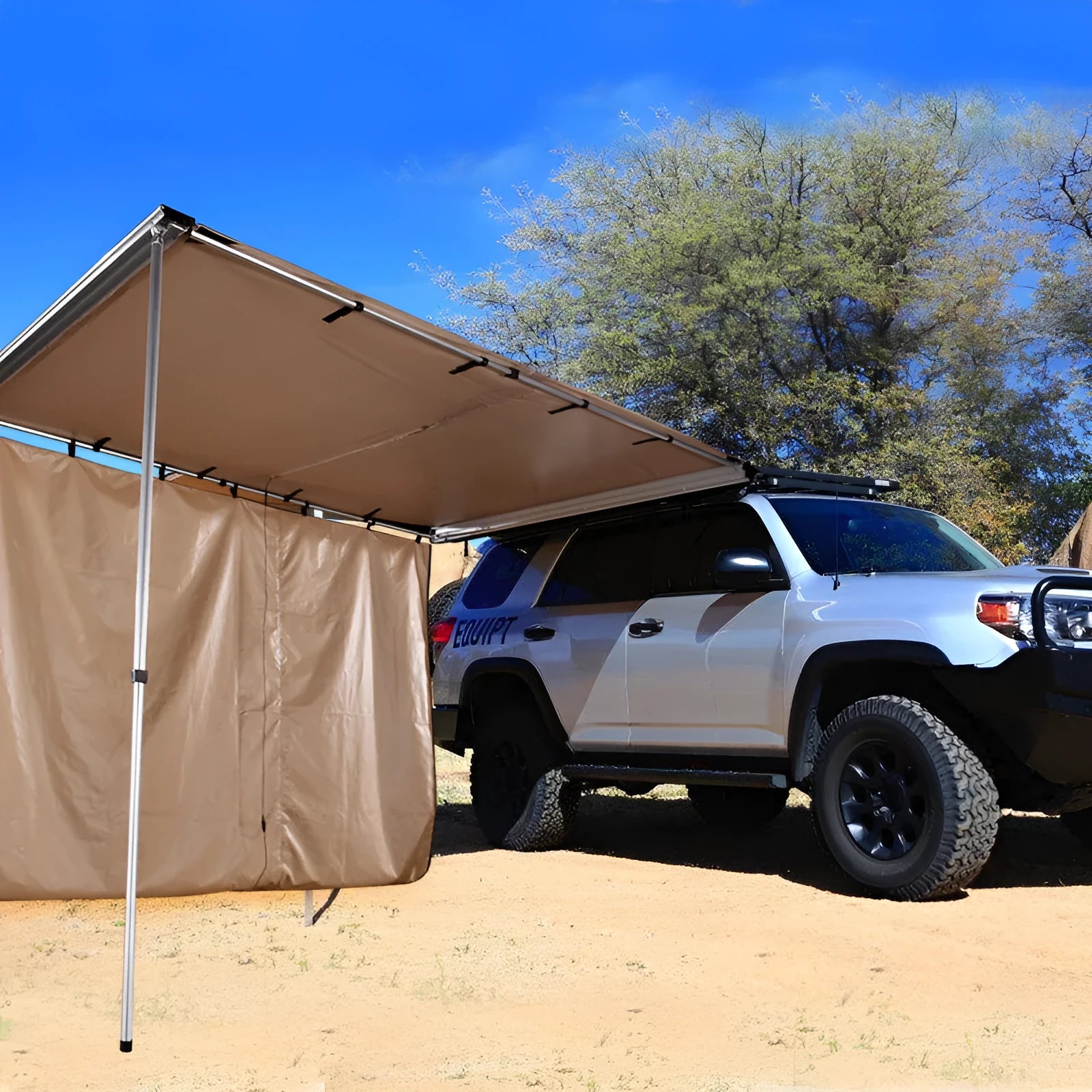 Single layer rainproof camping tent with aluminium poles shown in a size option, with optional side fabric.
