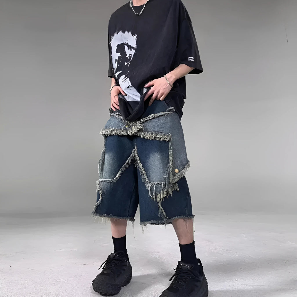 Blue men's retro denim shorts with frayed hem and embroidered five-pointed star, loose fit style