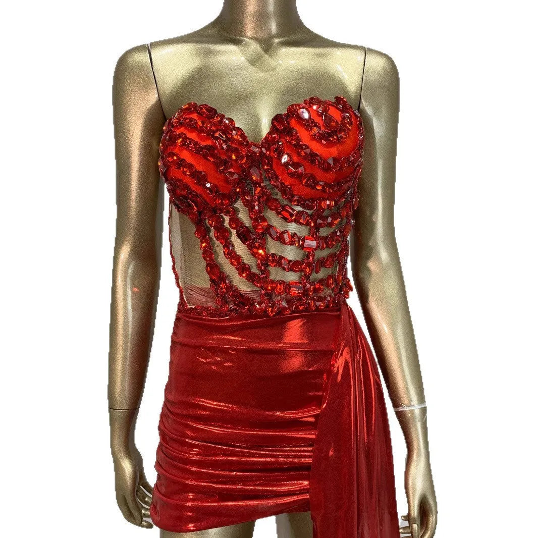 Red spandex stage costume skirt suit with mesh see-through panels for banquet performances