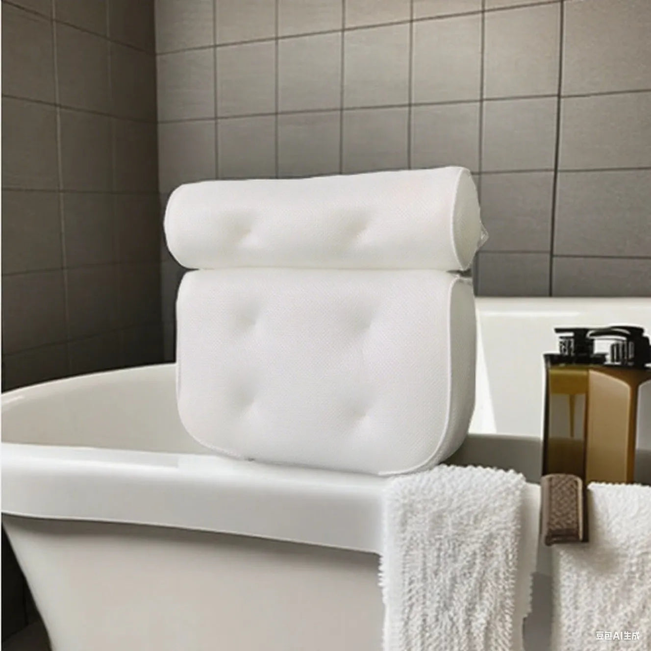 White 3D mesh bathtub pillow with seven suction cups showing dimensions 37x34x10cm