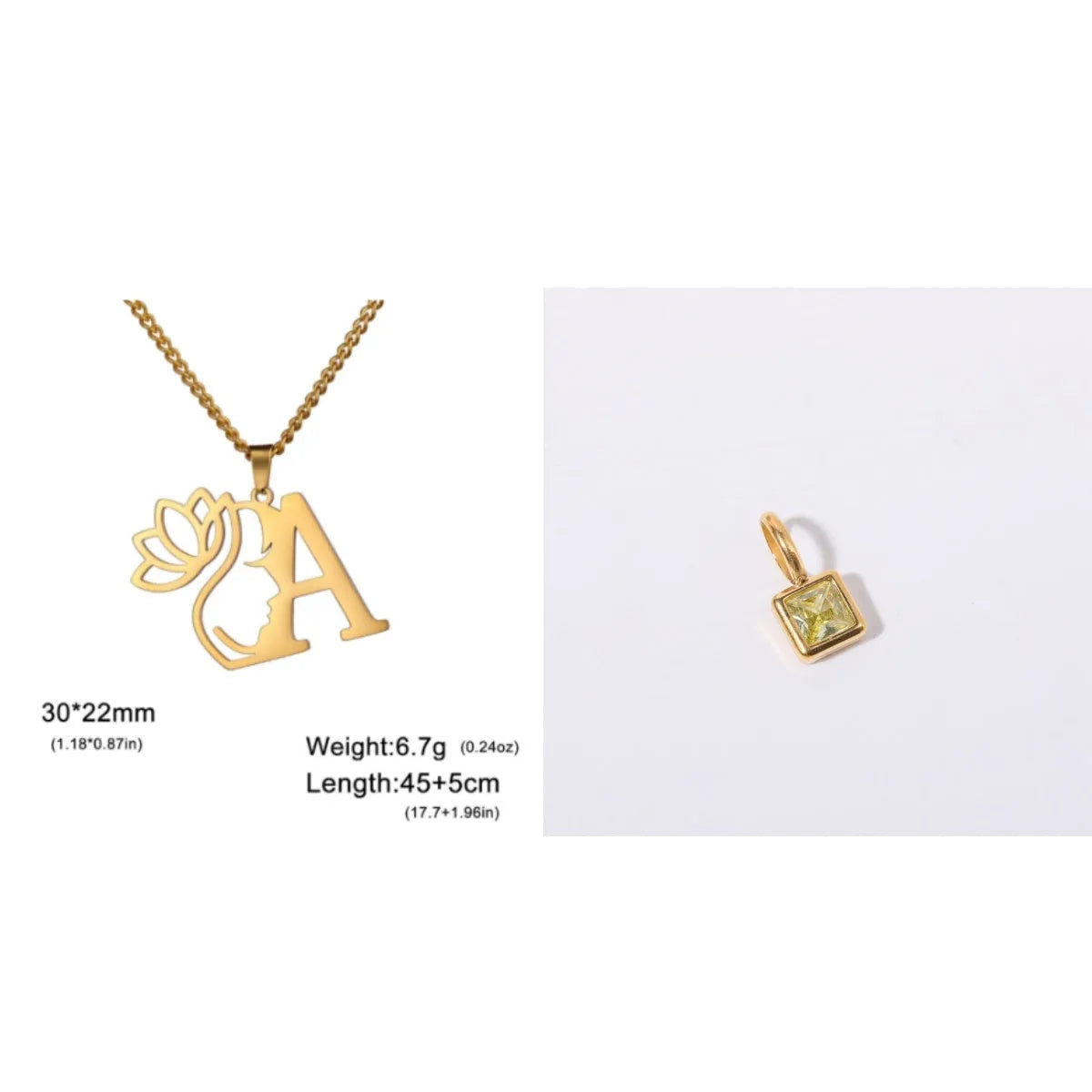 Stainless steel necklace with a single alphabet letter pendant on a cross chain, in gold or silver colour.