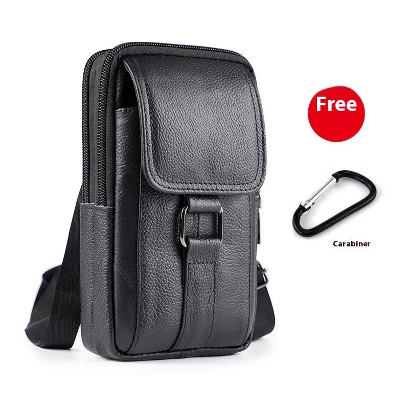 Men's black genuine leather belt crossbody waist bag with lock detail and urban style