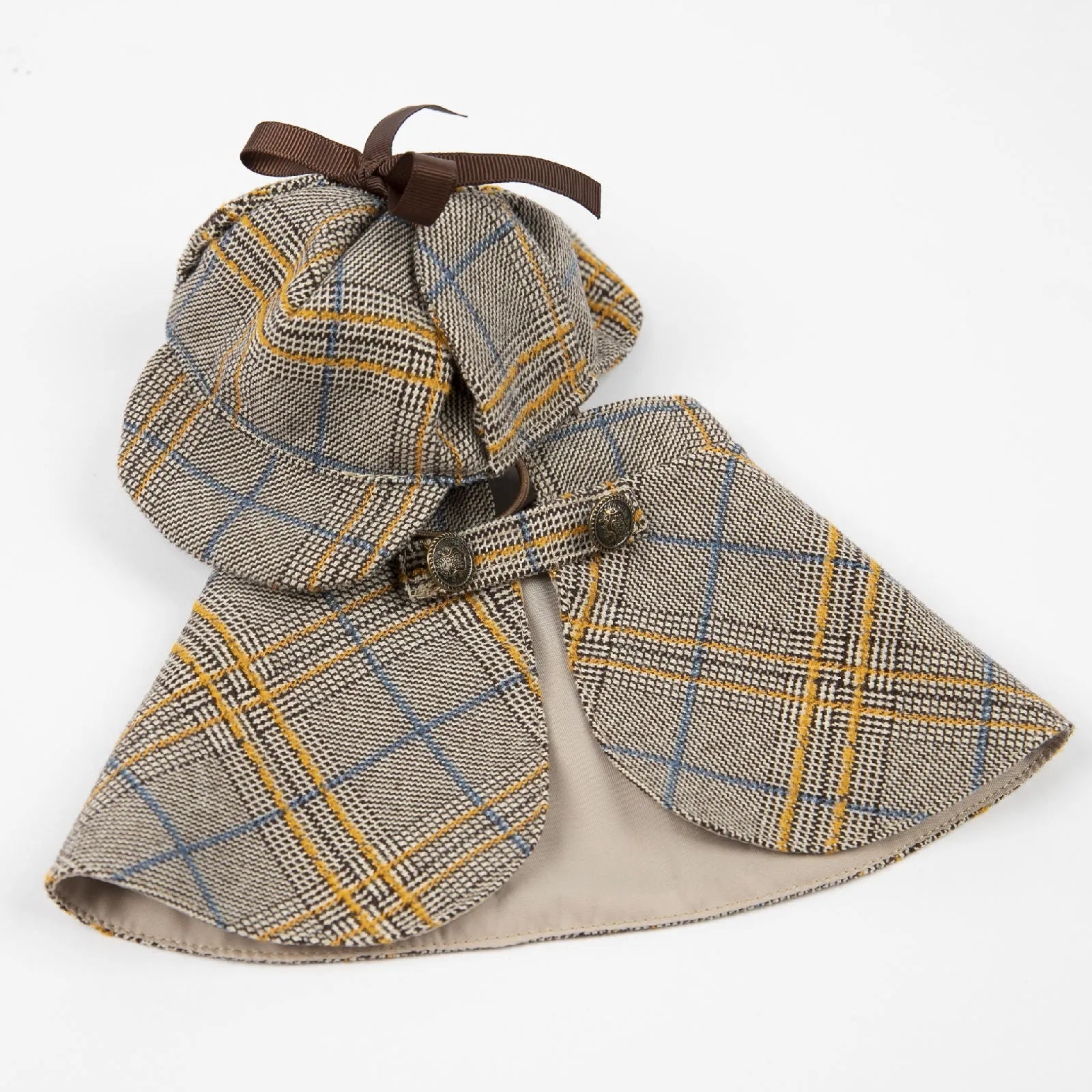 Camel-coloured cotton pet cloak with an adjustable hood, shown on a model dog.