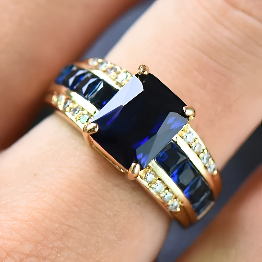 Three fashion ring designs: sunflower blue diamond, square blue zircon, and square purple zircon rings in zinc alloy