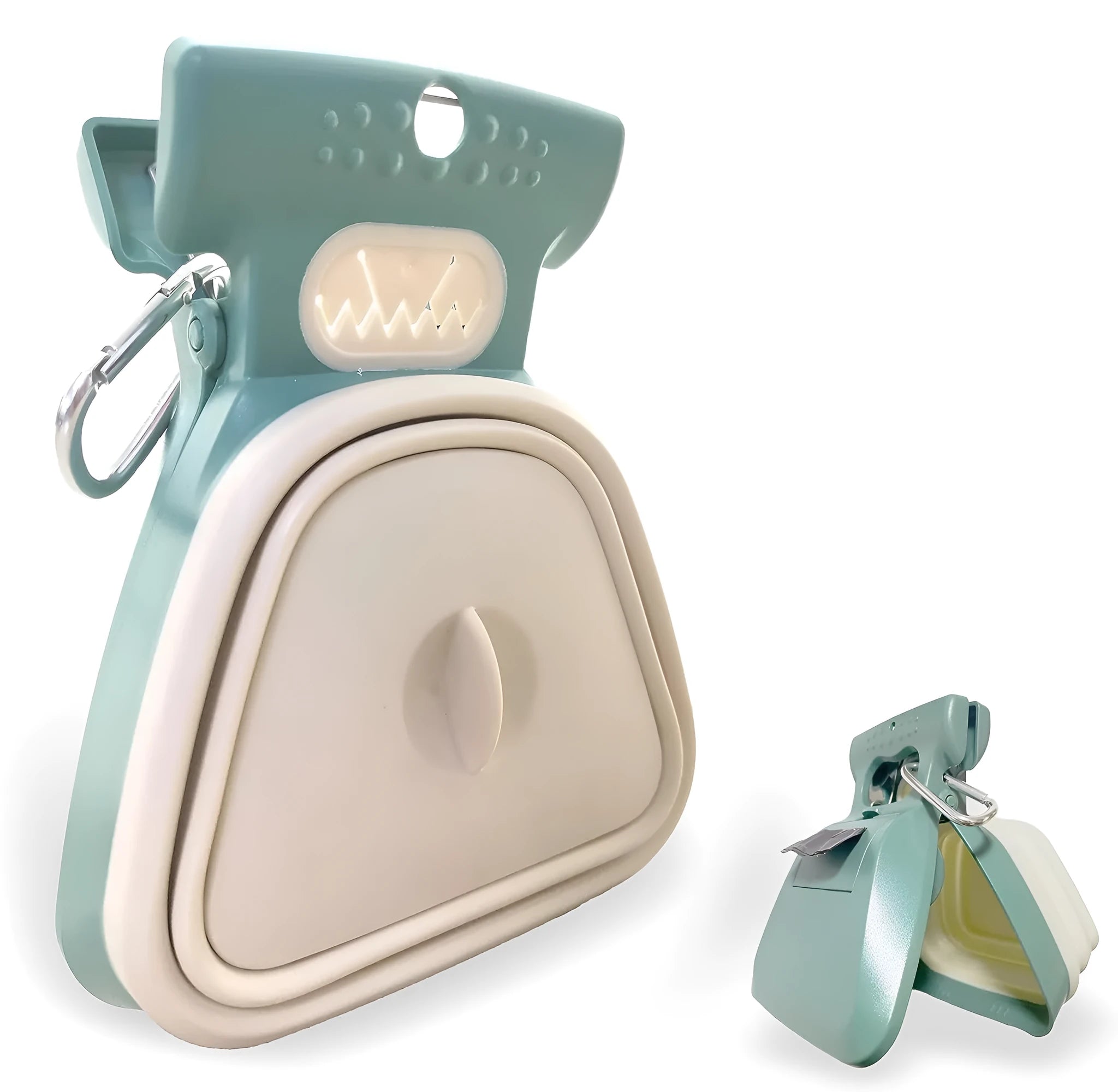 Blue portable handheld dog pooper scooper with expandable waste container and carabiner clip.