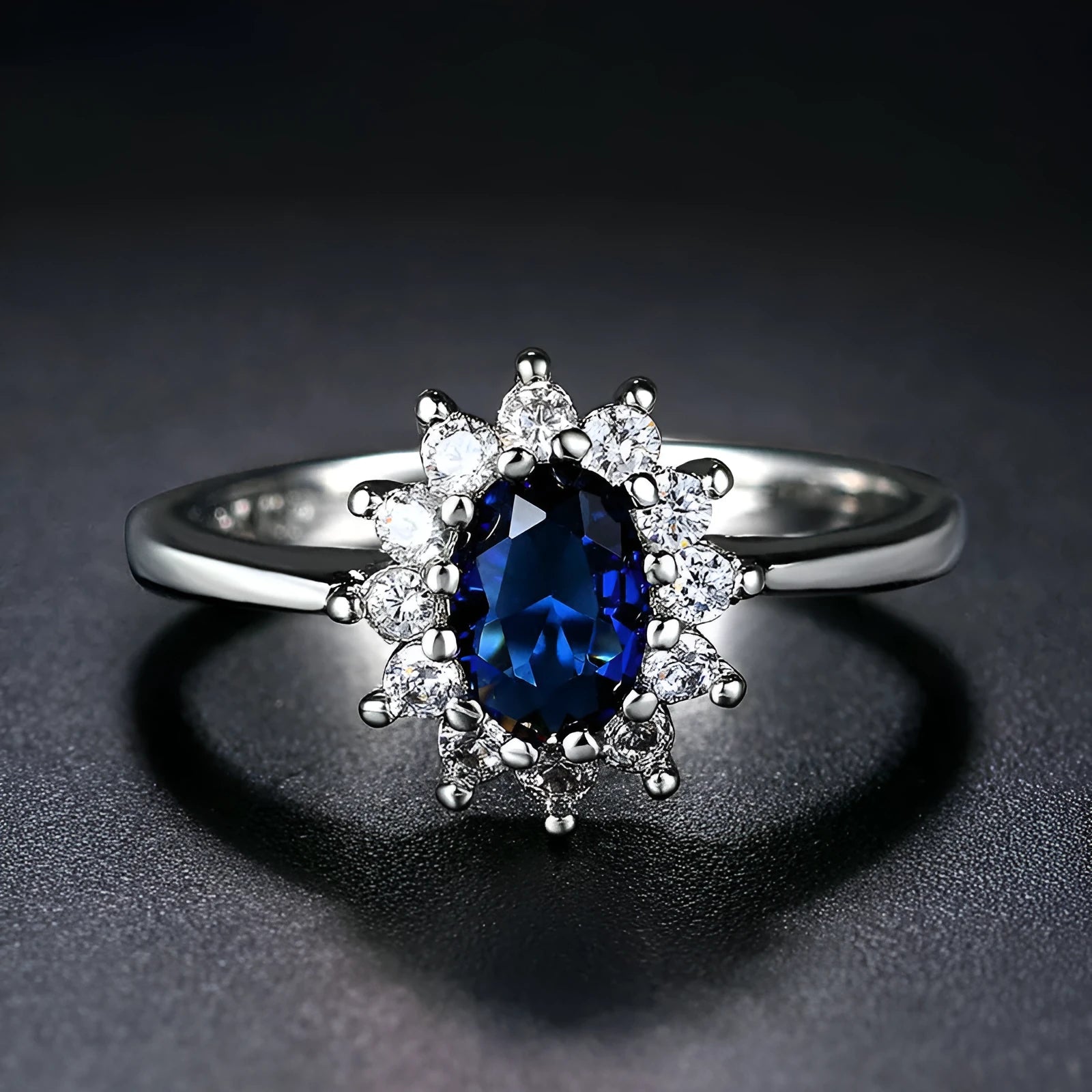 Women's blue moissanite flower ring in copper with zirconium stones on hand