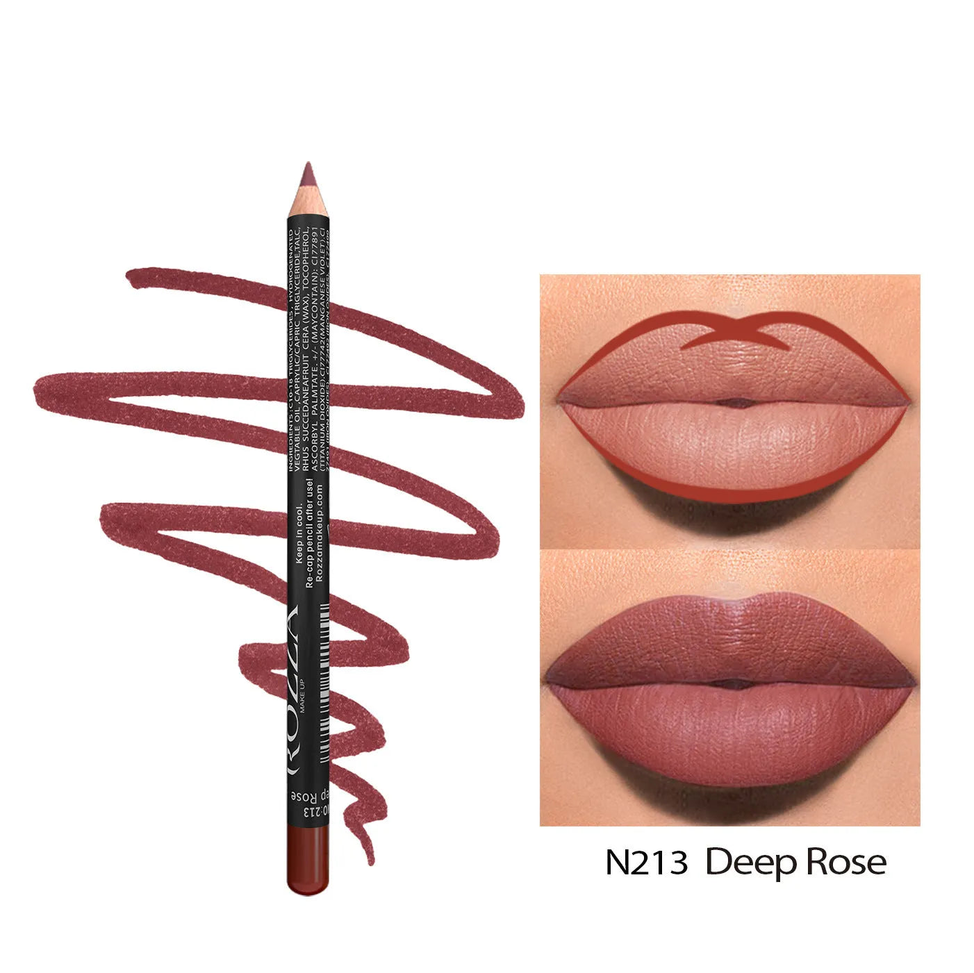 Matte lip liner in wood finish showing rich colour payoff with 14 shade options from 201 to 214
