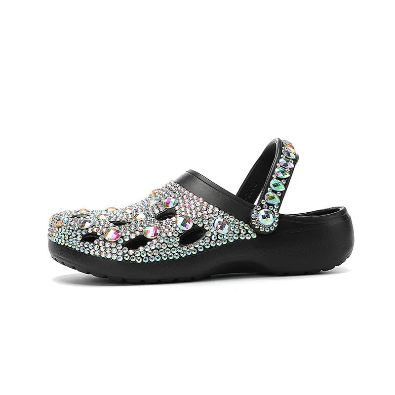 Black women's platform sandals with rhinestone detailing on EVA material
