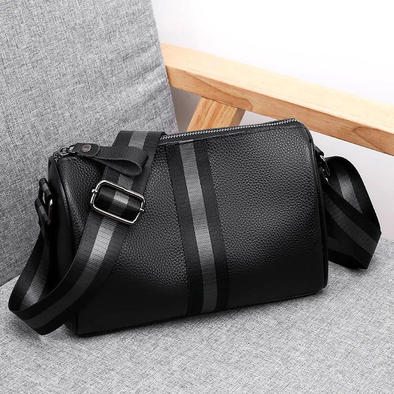Black genuine leather one-shoulder crossbody bag with large capacity