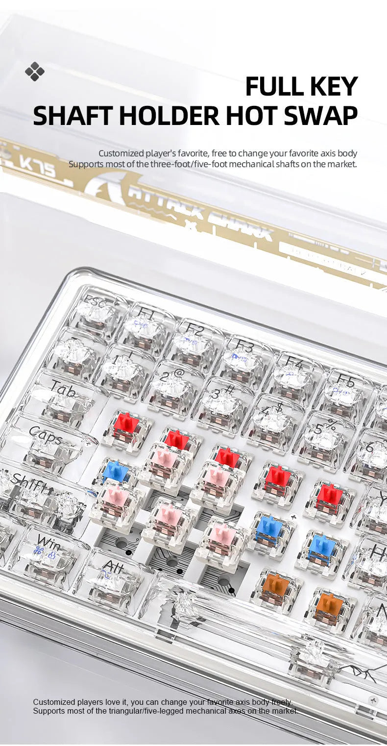 Attack Shark K75 RGB wireless mechanical keyboard with transparent black case, illuminated keys, and included accessories.