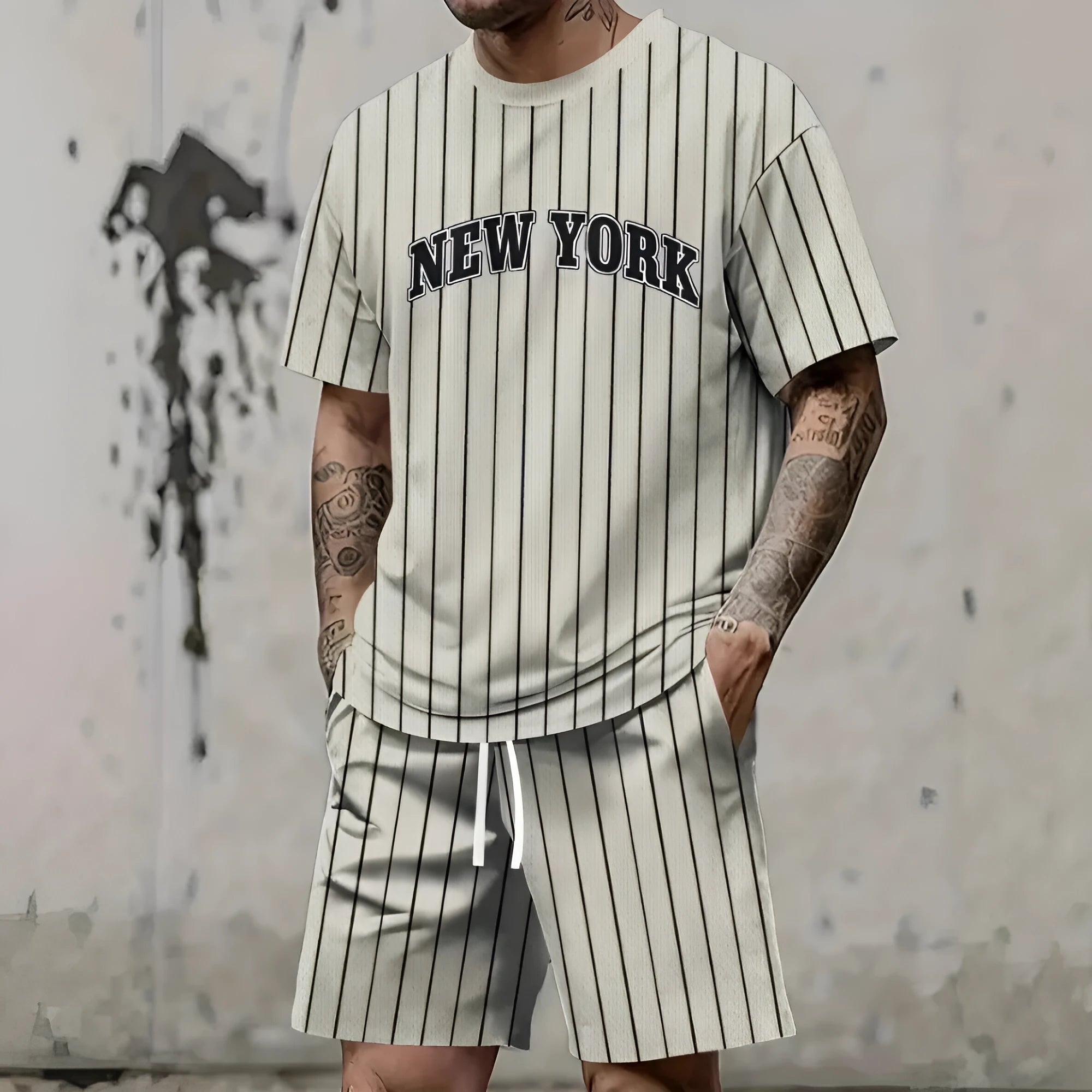 Men's 3D printed personality letter short sleeve top and shorts set in sports leisure style