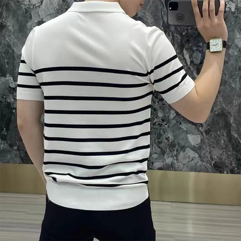 Black and white striped knitted t-shirt with a lapel neckline, shown in a pullover style.