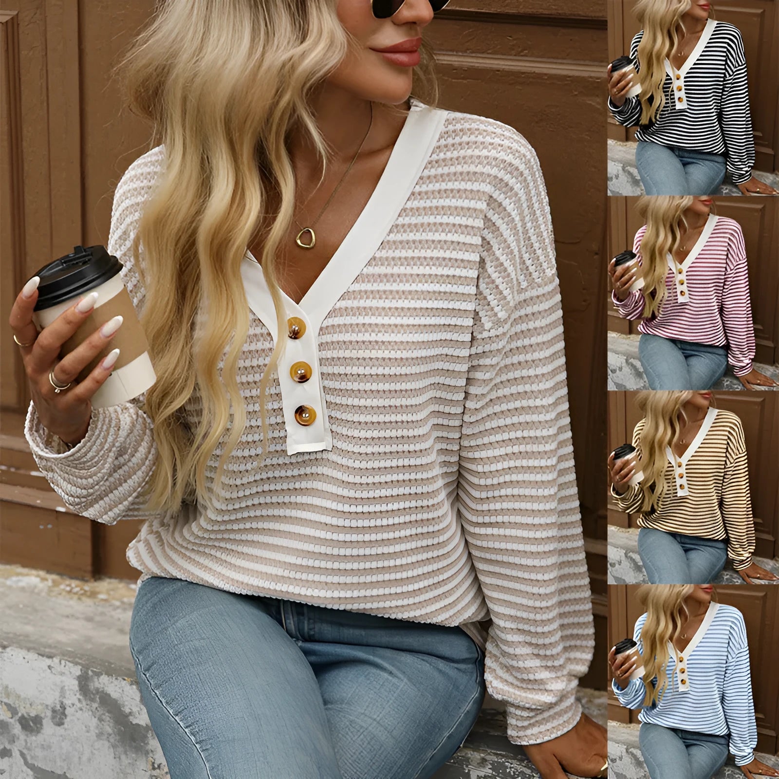 Women's patchwork V-neck casual top in loose fit with long sleeves