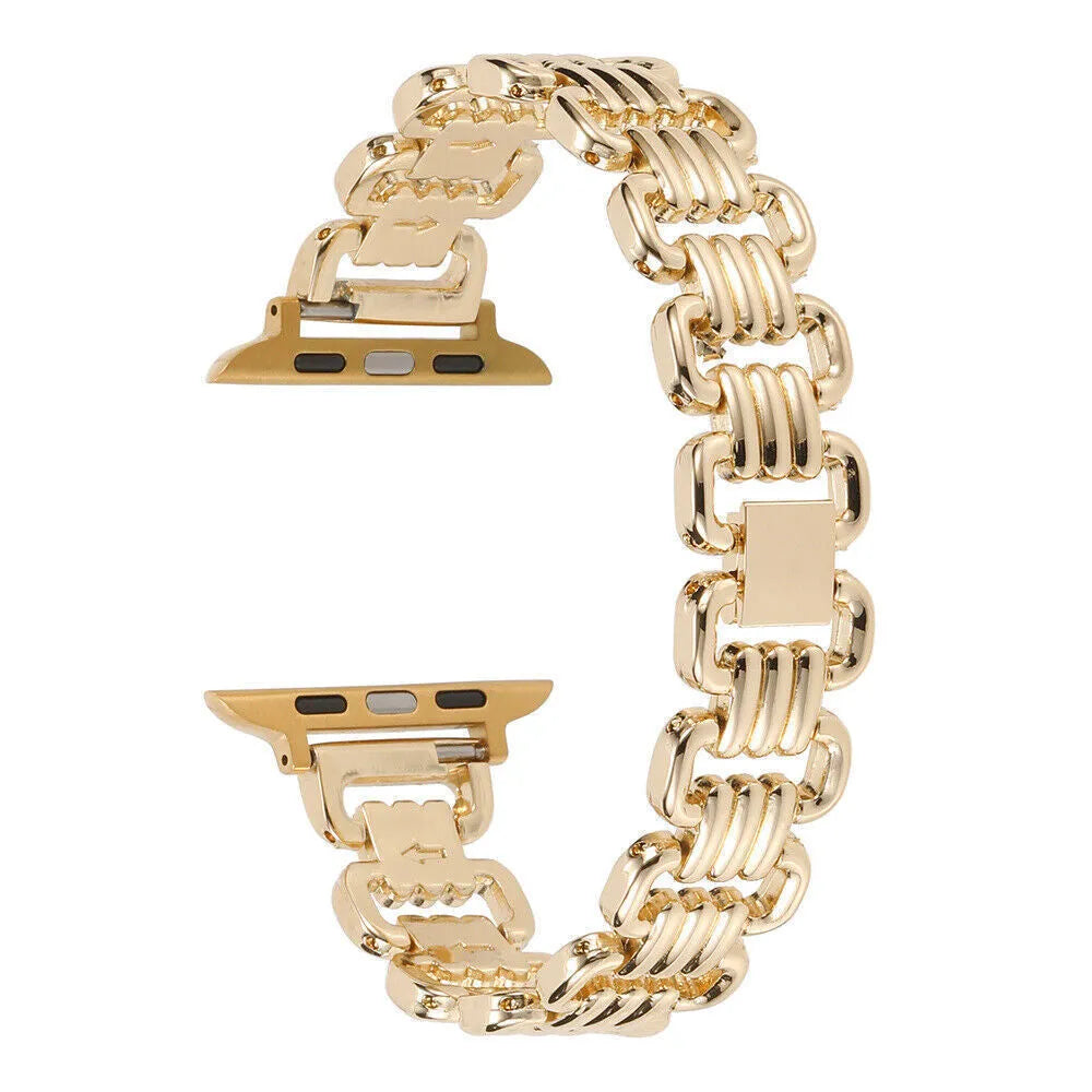 Alloy metal Apple Watch replacement band in silver, black, gold, rose gold, and starlight colours.