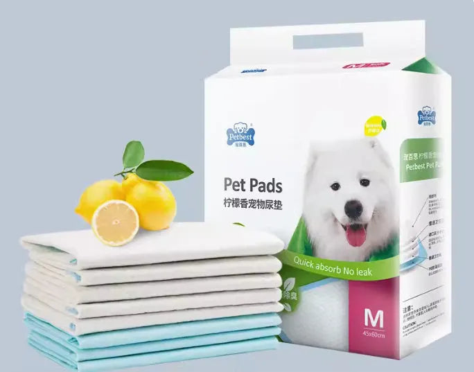 Pack of thickened dog urine pads showing adhesive strips and size comparison between S, M, L, and XL options