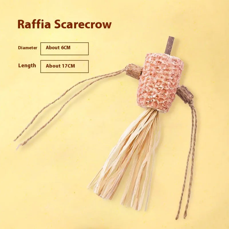 Natural wood cat teething chew rod with Lafite grass and catnip, 2.2cm diameter, shown with raffia scarecrow style