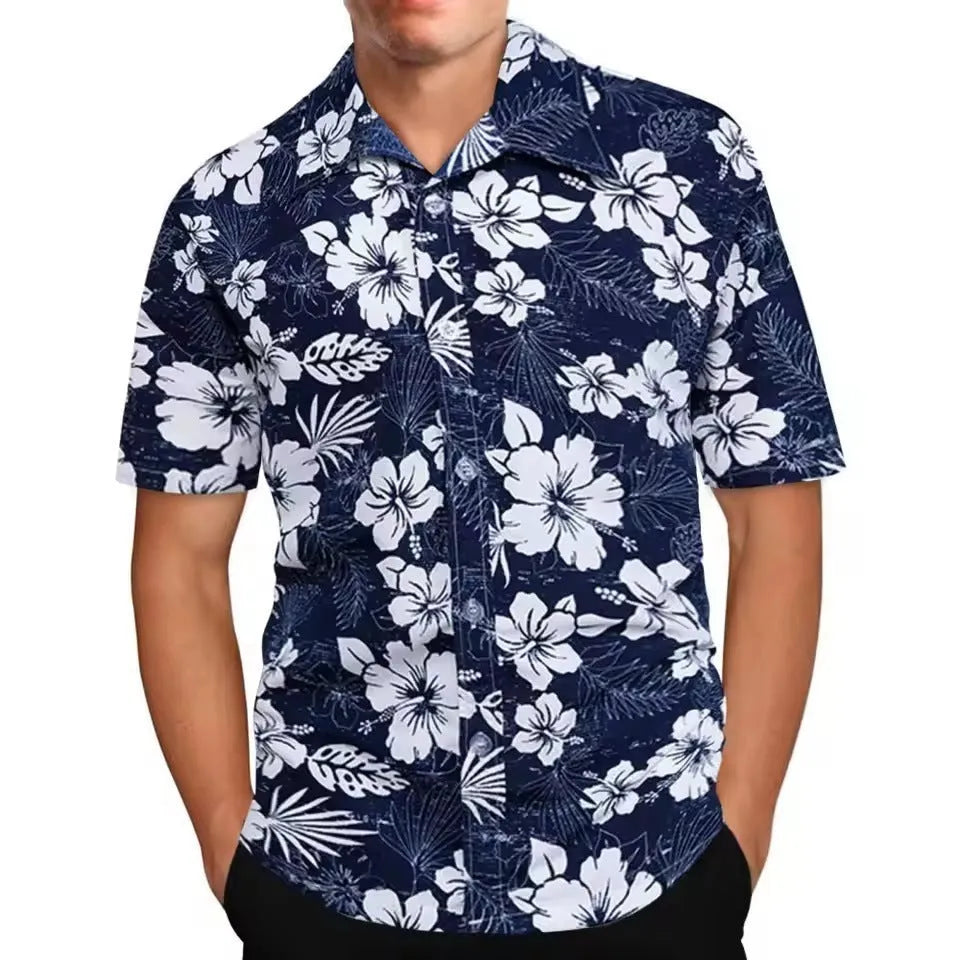 Man wearing a loose-fit floral print short sleeve cardigan shirt in a casual setting.