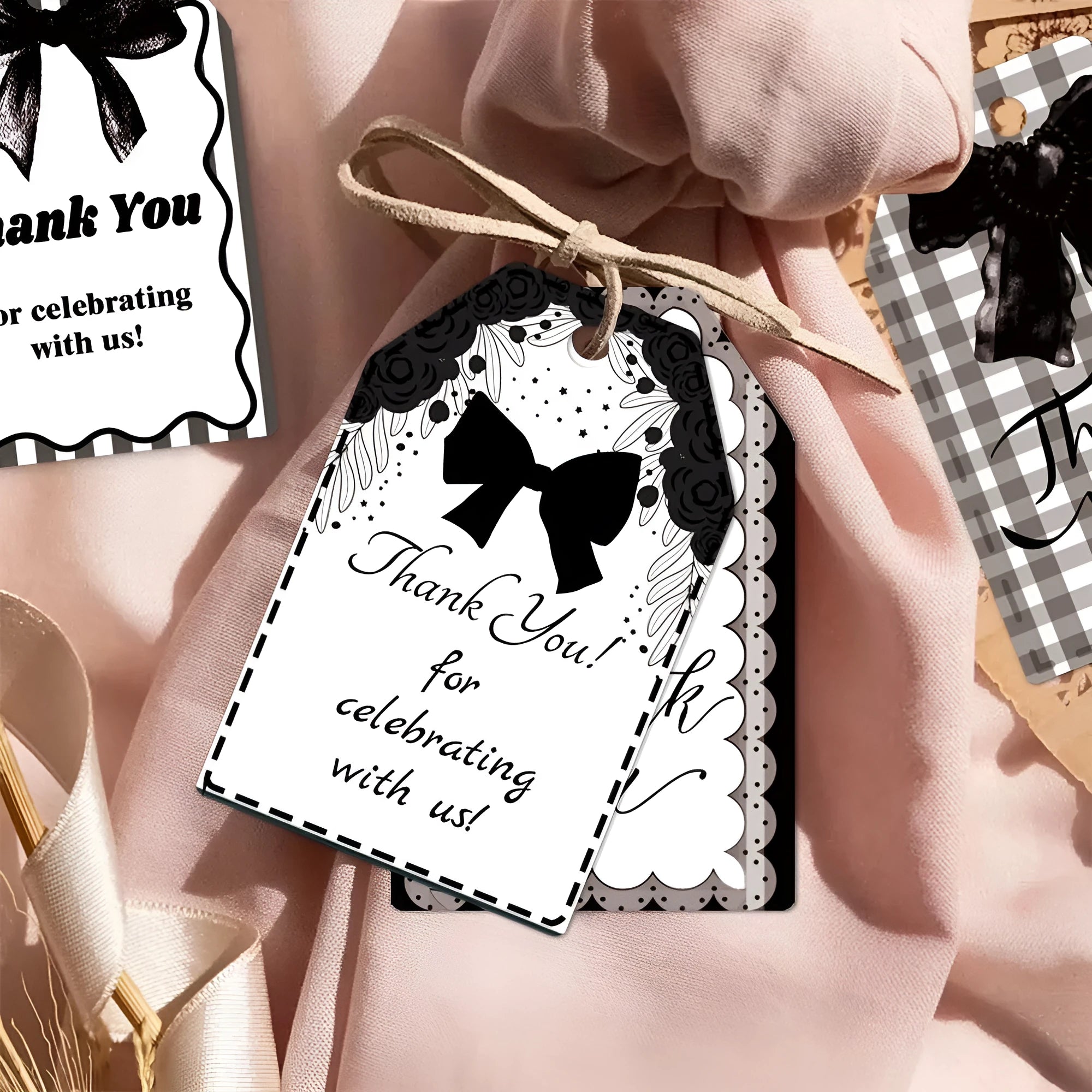 Birthday party theme gift label tags set with three design styles and hemp rope for present decoration