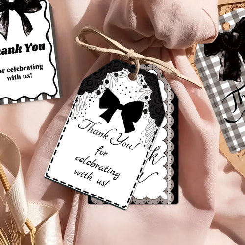 Birthday party theme gift label tags set with three design styles and hemp rope for present decoration