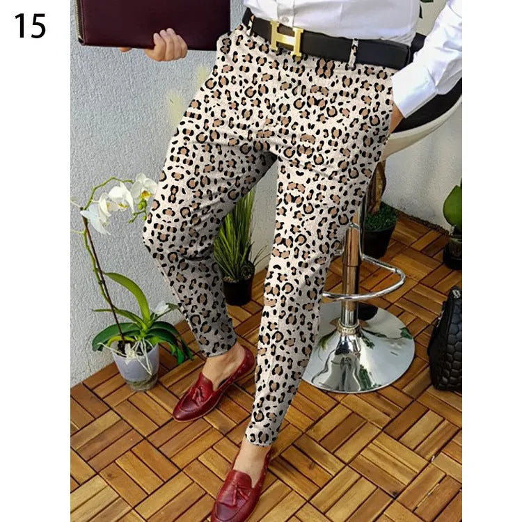 Men's slim-fit plaid casual trousers with 3D digital printed pattern in straight-leg style