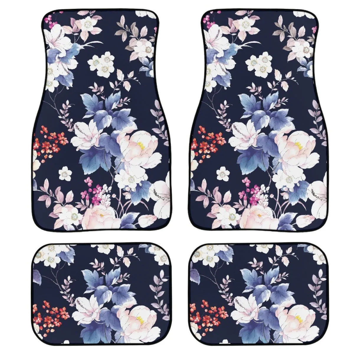 Black rubber car floor mats four-piece set showing textured surface and 20mm thickness.