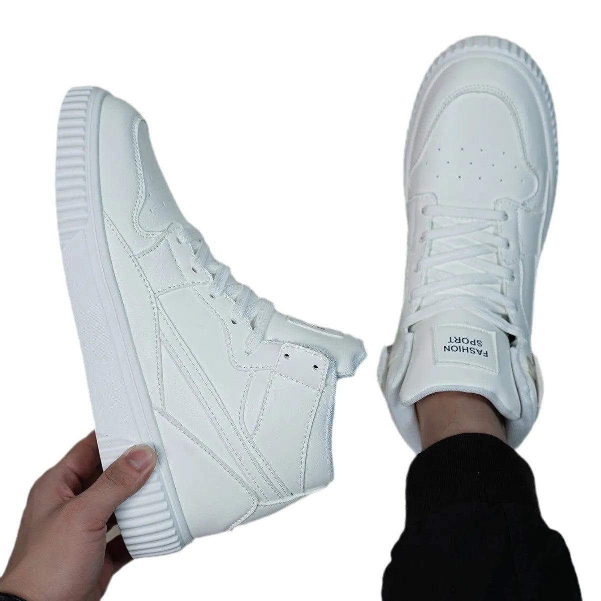 Men's white casual shoes with round toe and microfiber upper in solid color design for autumn winter leisure wear.
