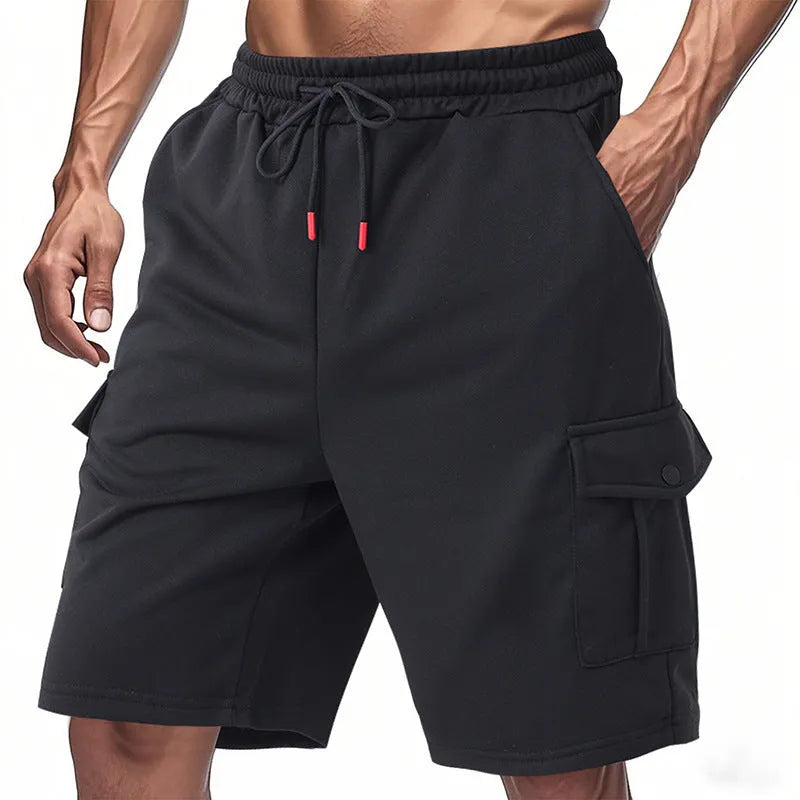 Men's loose fit cargo shorts in terry fabric with multiple pockets available in light grey, black, and dark grey colours
