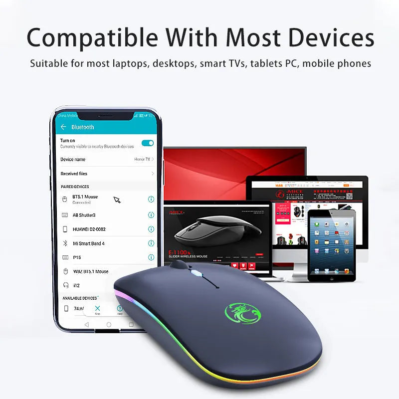 Black and white wireless computer mouse with dual Bluetooth and 2.4G connectivity and silent click buttons