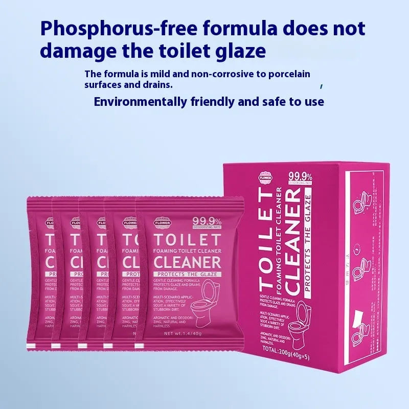 Toilet bubble descaling and anti-blocking powder in blue or pink fragrance, showing box of sachets and large bag options.