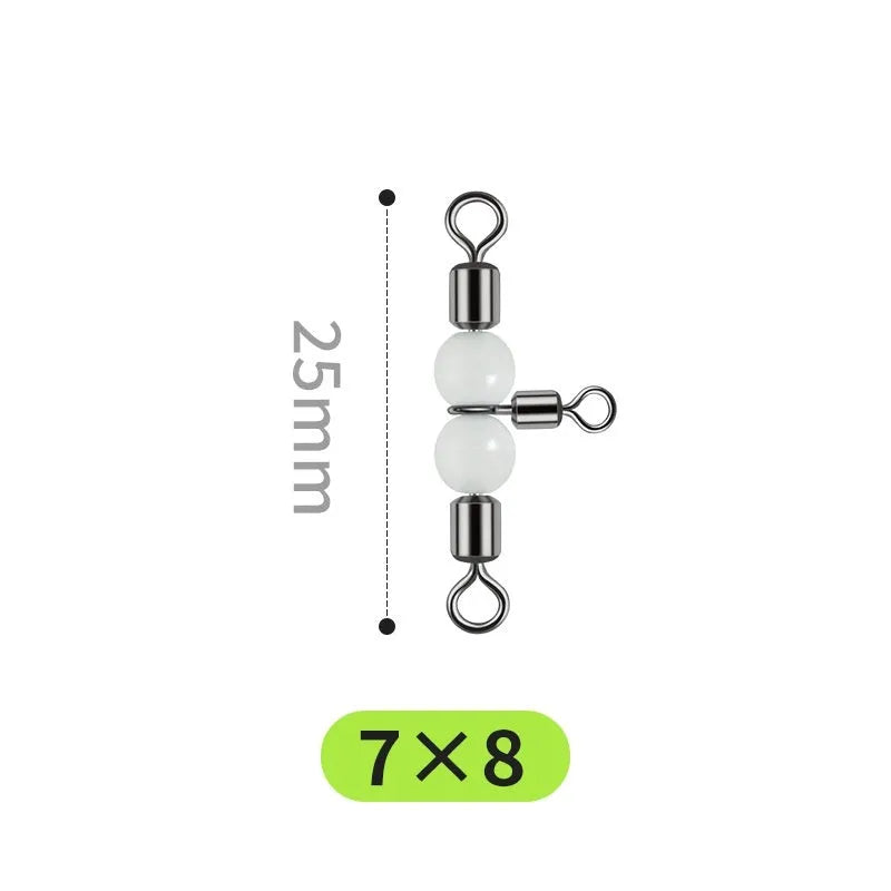 Copper fishing lure accessories showing luminous swivel beads with T-type balance fork rings in multiple sizes