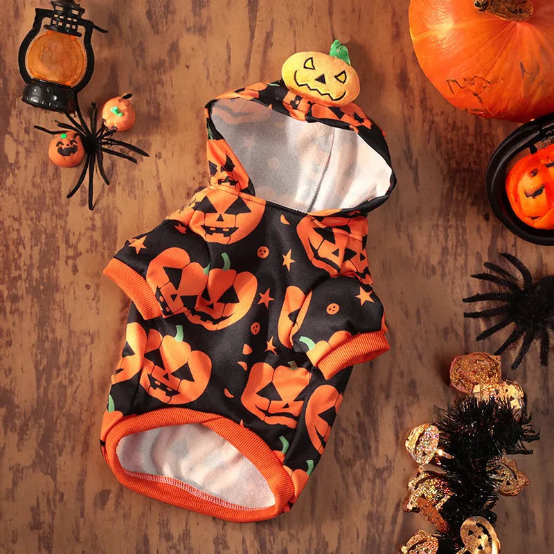 Crystal velvet Halloween pumpkin skirt costume for dogs and cats on mannequin