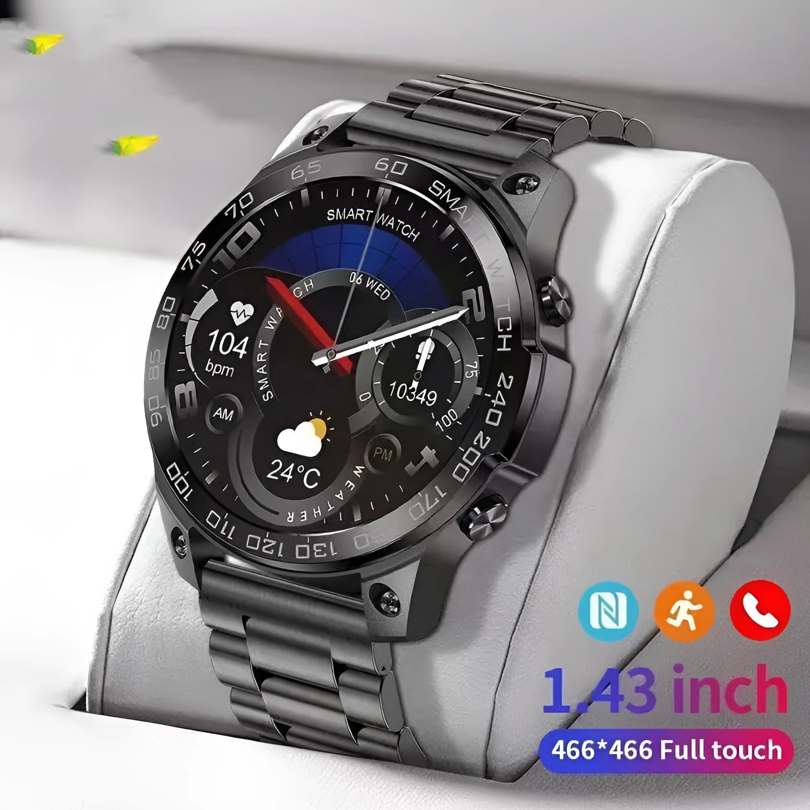 Black smartwatch with round AMOLED screen and silicone strap, displaying fitness metrics.