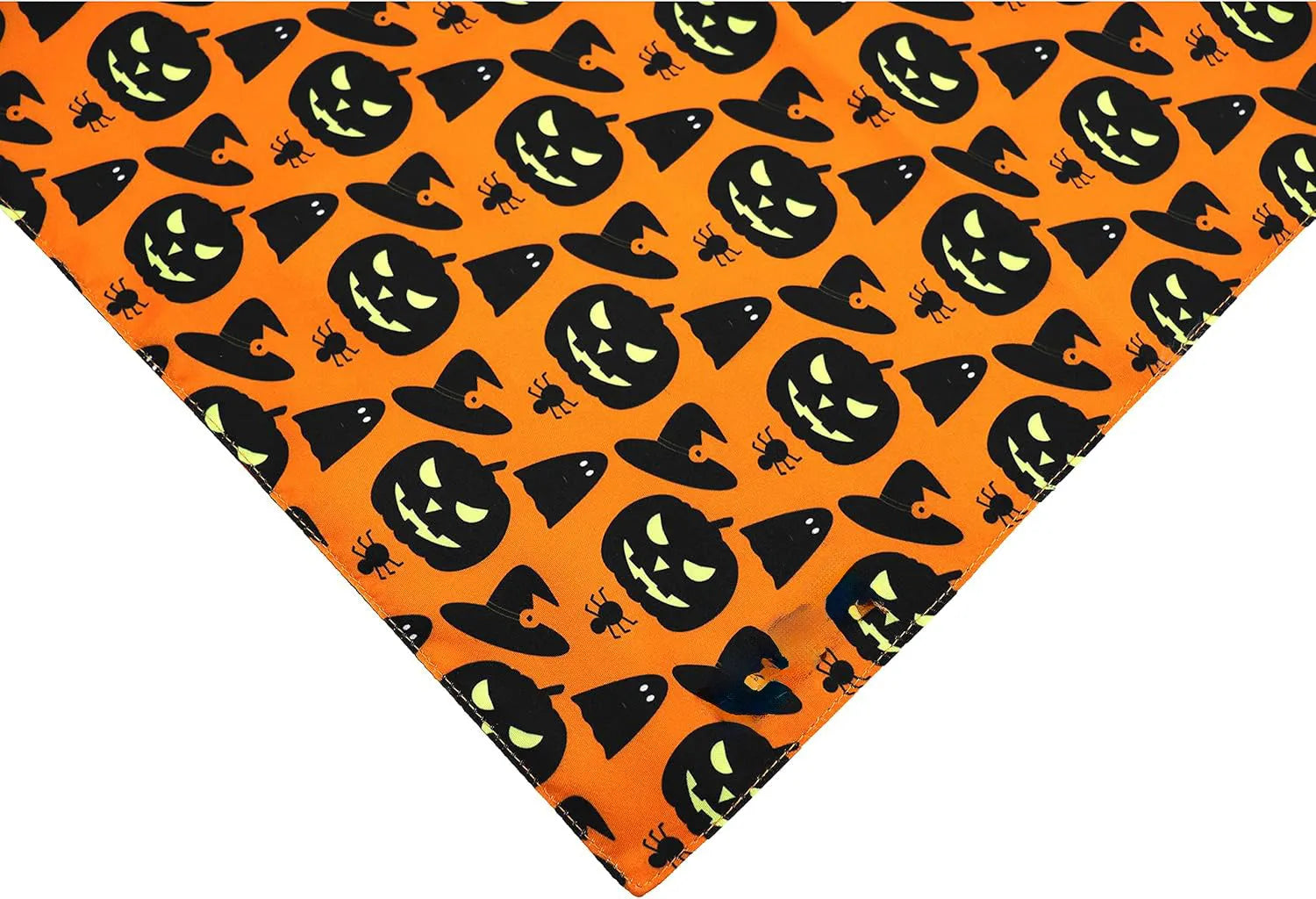 Reversible Halloween dog bandana showing pumpkin and spider web patterns in black and orange colours