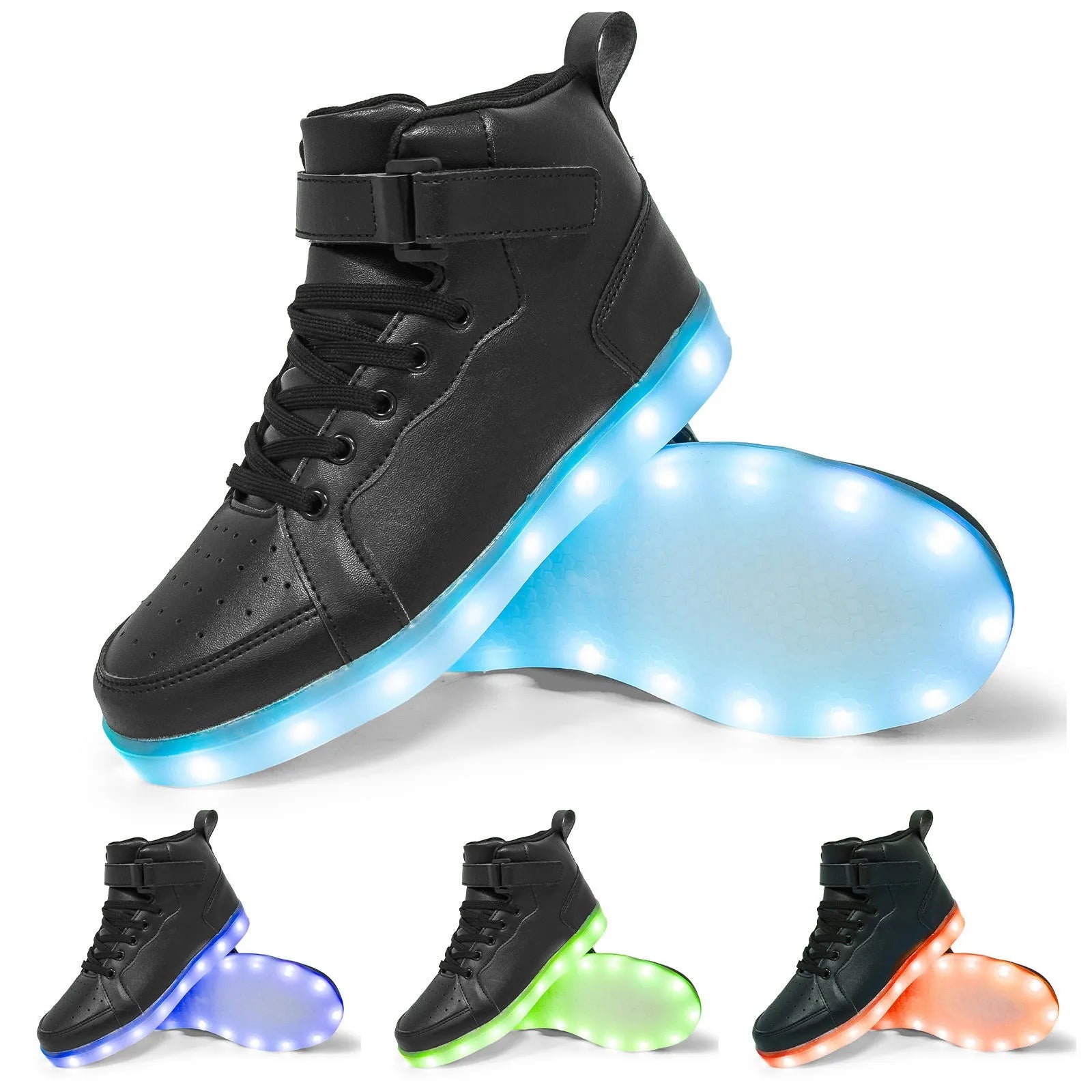 Pair of black high-top sneakers with illuminated LED lights and Velcro strap.