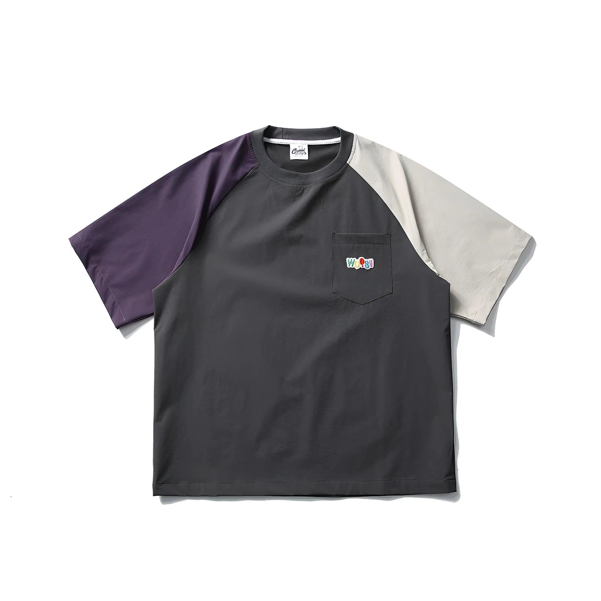 Dark grey men's loose fit t-shirt with contrasting colour panels on the raglan sleeves.