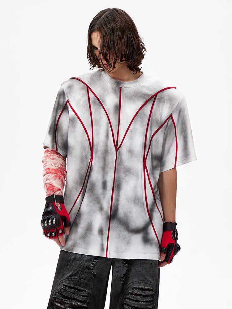Women's padded shoulder short sleeve T-shirt with three-dimensional line patchwork and round neck collar